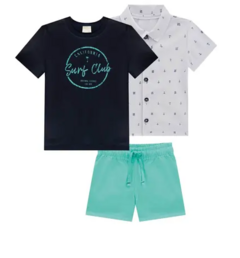 Trio de Camiseta em Meia Malha Surf Club Marinho, Camisa em Linho e Bermuda em Sarja Pita Azul Claro Luc.Boo - comprar online