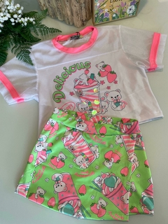 Conjunto Infantil Kukie Verão Com Shorts Saia e Blusa Ursinho Milk