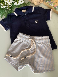 Conjunto de Camisa Polo em Meia Malha e Bermuda em Tecido Listrado Tinto 67301 LucBoo