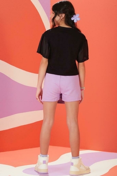 Conjunto Blusa Boxy Over em Meia Malha Preto Do What You Love com Shorts Saia em Moletom sem Pelúcia Lilás Lilimoon na internet