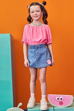 Conjunto Infantil Kukie Verão Shorts Saia Jeans e Blusa Rosa