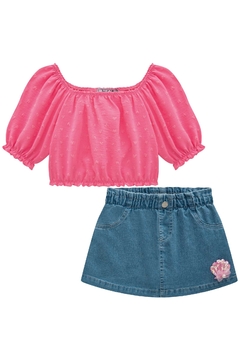 Conjunto Infantil Kukie Verão Shorts Saia Jeans e Blusa Rosa - loja online