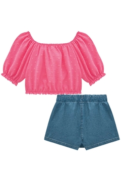 Imagem do Conjunto Infantil Kukie Verão Shorts Saia Jeans e Blusa Rosa