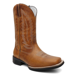 Bota Masculina Texana Bico Quadrado Bordada em Couro