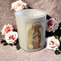 Vela votiva con vaso, estampa y oración - Virgen de Guadalupe