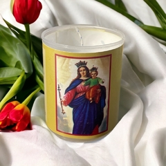 Vela votiva con vaso, estampa y oración - María Auxiliadora