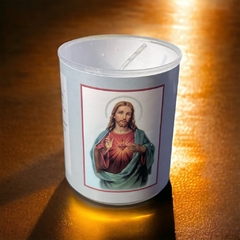 Vela votiva con vaso, estampa y oración - Sagrado Corazón de Jesús