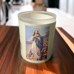 Vela votiva con vaso, estampa y oración - Virgen María Inmaculada