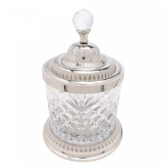 Pote Decorativo de Vidro com Base e Tampa de Zamac Crystal Prata 15cm x 21,5cm - Limorisue Porcelanas