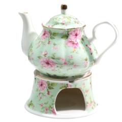 Bule de Porcelana 400ml Floral TIFFANY com Base para Aquecimento.