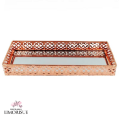 Bandeja Espelhada Decorativa 26x11cm Em Metal/Vidro Rose Gold