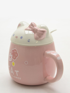 Caneca Cerâmica de 320ml Rosa - Gato Gatinho com Tampa e Colher - comprar online