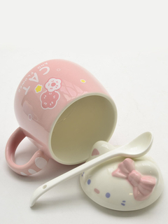 Caneca Cerâmica de 320ml Rosa - Gato Gatinho com Tampa e Colher - Limorisue Porcelanas