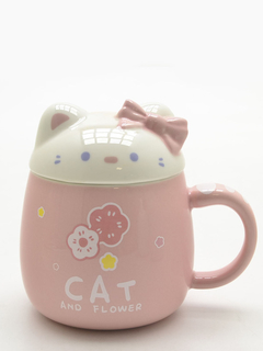 Caneca Cerâmica de 320ml Rosa - Gato Gatinho com Tampa e Colher