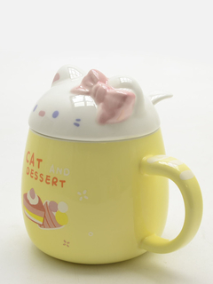 Imagem do Caneca Cerâmica de 320ml Rosa - Gato Gatinho com Tampa e Colher