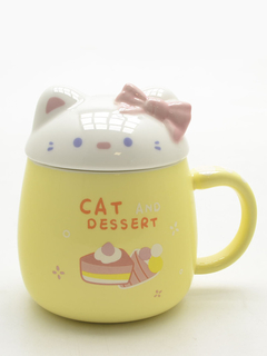 Caneca Cerâmica de 320ml Rosa - Gato Gatinho com Tampa e Colher - loja online