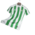 Camisa titular do Real Bétis 2024-2025: listras verticais verde e branco, padrão brilhante inspirado nos anos 90. Gola polo branca com detalhes serrilhados em verde, logo Hummel em branco e chevrons nos ombros.