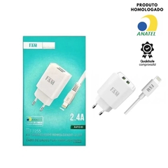 Kit Carregador Cabo Para Iphone Lightning 2 usb 2.4a FAM homologado anatel