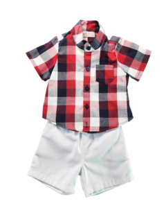 Conjunto Bermuda Camisa Xadrez Azul Marinho e Vermelho