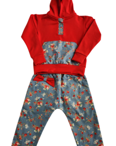 Conjunto com Capuz Floral Vermelho