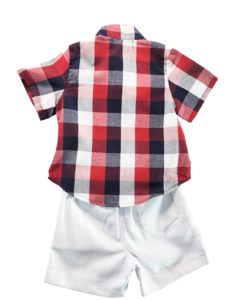 Conjunto Bermuda Camisa Xadrez Azul Marinho e Vermelho - Atelie Luciana Vaz