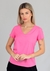 T-shirt - Blusa Manga Curta Estilo Camiseta com Decote Gola V em Crepe Toque de Seda- Cor Rosa chiclete