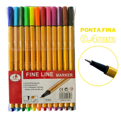 Caneta Hidrográfica Fineliner Ponta Fina 0.4 mm Kit 12 Cores Corpo Amarelo