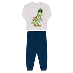 PIJAMA INFANTIL LONGO ESTAMPA DINO SKATE CINZA MESCLA/AZUL MARINHO