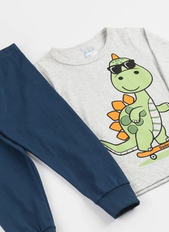 PIJAMA INFANTIL LONGO ESTAMPA DINO SKATE CINZA MESCLA/AZUL MARINHO - Tuca Pituca Moda Infantil