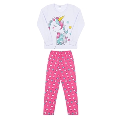 PIJAMA INFANTIL LONGO ESTAMPA UNICÓRNIO CORAÇÕES BRANCO