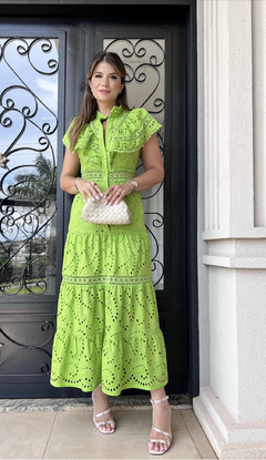 Vestido de Laise - Vestido bordado em laise - Vestido com botões na frente - Cores verde 