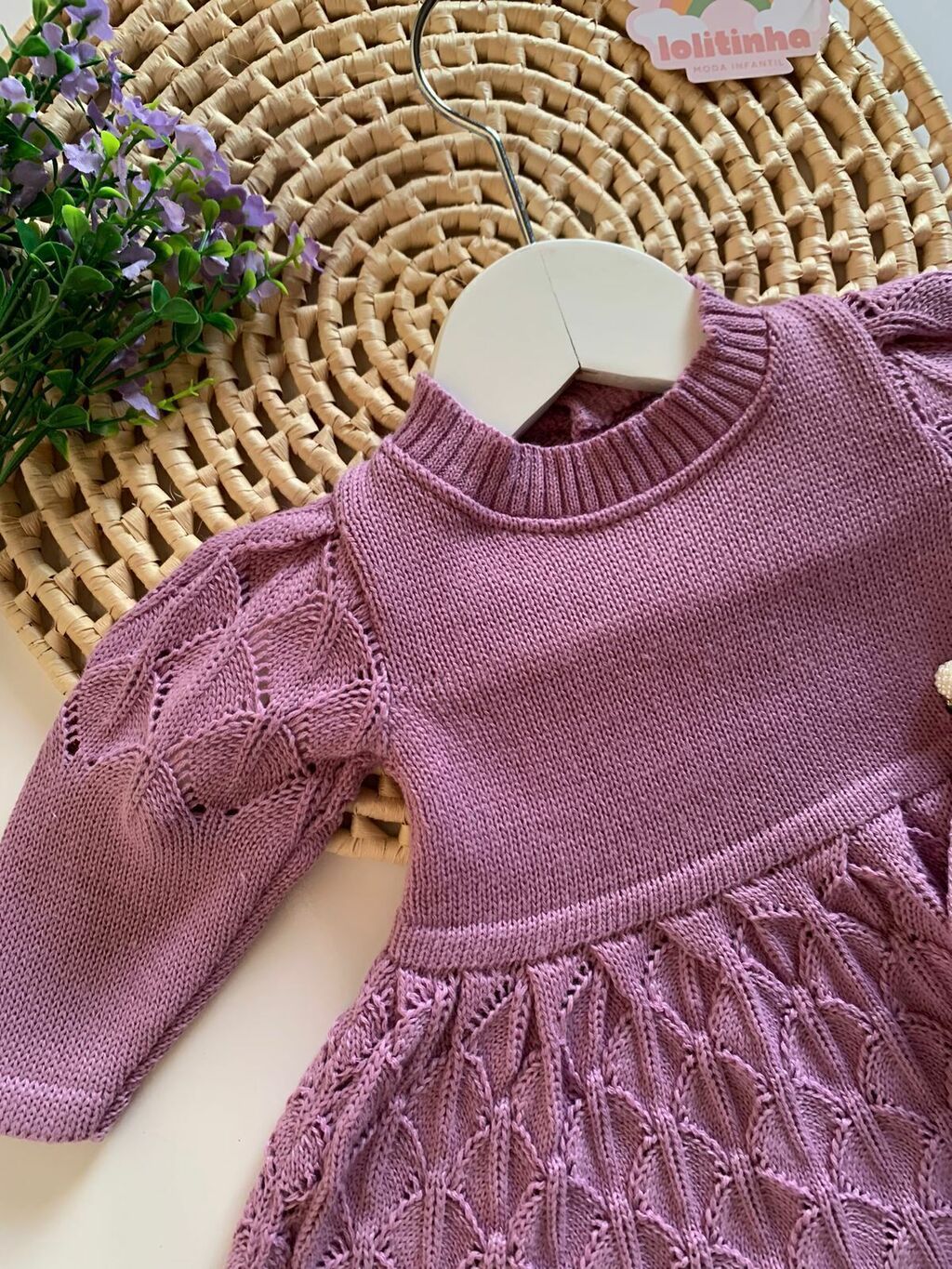 Vestido de croche fashion manga longa infantil