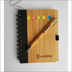 Bloco de anotação ecológico c/ capa de bambu + caneta de bambu (Ambos personalizados)