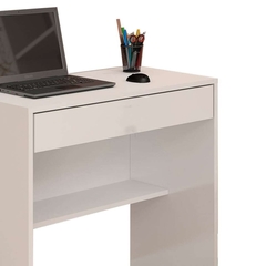 Escrivaninha de MDF branco com 1 gaveta - compacta e funcional. Ideal para otimizar espaços. Altura: 75cm, Profundidade: 40cm, Largura: 70cm.