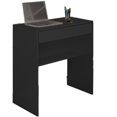 Uma escrivaninha de MDF preto, com 1 gaveta, ideal para organizar seu espaço de trabalho. Possui altura de 75cm, profundidade de 40cm e largura de 70cm. Adicione estilo e funcionalidade ao seu escritório ou home office.