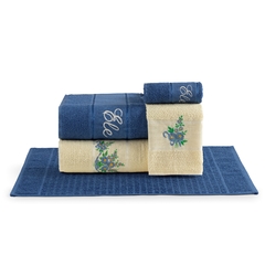Jogo Toalha Elegance 5 Peças em 100% Algodão bordado, na cor azul. Toque macio, durabilidade e elegância para o seu banheiro.