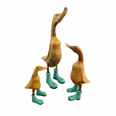 Trio de Patos de Madeira Botas Turquesa