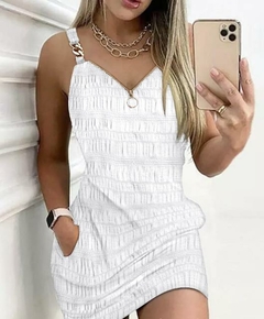 Vestido casual sexy com alça feminina, estampa jeans, decoração de corrente, - loja online