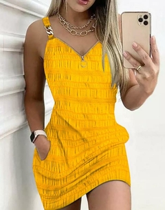 Vestido casual sexy com alça feminina, estampa jeans, decoração de corrente, na internet