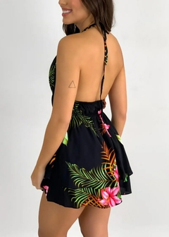 Mini vestido de cinta sexy estampado feminino, Sem costas, Com renda, Cintura el