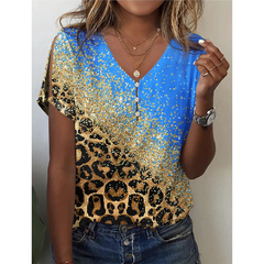 Blusa de manga curta com estampa leopardo para mulheres, botão gola V, mangas d - comprar online