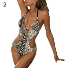 Imagem do Floral leopardo impressão barriga tampa Halter Monokini das mulheres, maiô de