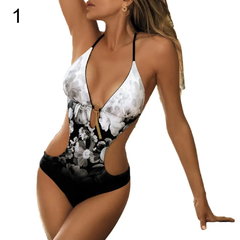 Imagem do Floral leopardo impressão barriga tampa Halter Monokini das mulheres, maiô de