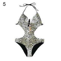 Imagem do Floral leopardo impressão barriga tampa Halter Monokini das mulheres, maiô de