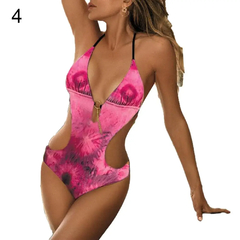 Imagem do Floral leopardo impressão barriga tampa Halter Monokini das mulheres, maiô de