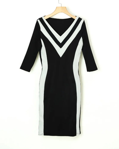 Vestido V-Neck Bodycon feminino, fita listrada, manga longa, cor de contraste, s - comprar online