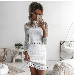 Sexy laço branco vestido costura oco para fora mulher elegantes curto mini ver? - loja online