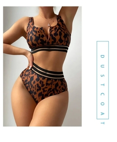 Leopardo feminino maiô estampado de cintura alta, biquínis com fita de malha,