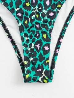 Conjunto de biquíni atado estampa de leopardo verde para mulheres, maiô push u - Show Drop