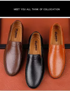 CLOHOO-Sapatos masculinos de couro genuíno, deslizamento casual no mocassim, co - Show Drop